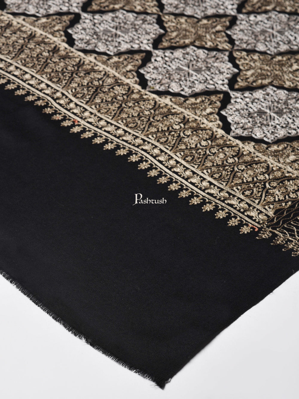 Pashtush India Womens Shawls Pashtush Womens Fine Wool, Silky Nalki Embroidery Needlework Shawl, Black