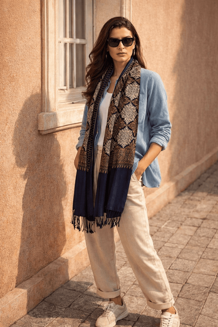 Pashtush India Womens Stoles and Scarves Scarf Pashtush Womens Fine Wool, Silky Nalki Embroidery Needlework Stole, Navy Blue