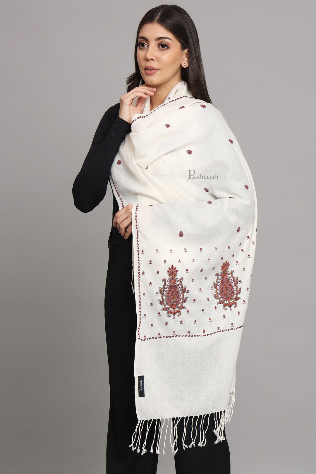 Pashtush India Womens Stoles and Scarves Scarf Pashtush womens Fine Wool stole, booti design, Ivory