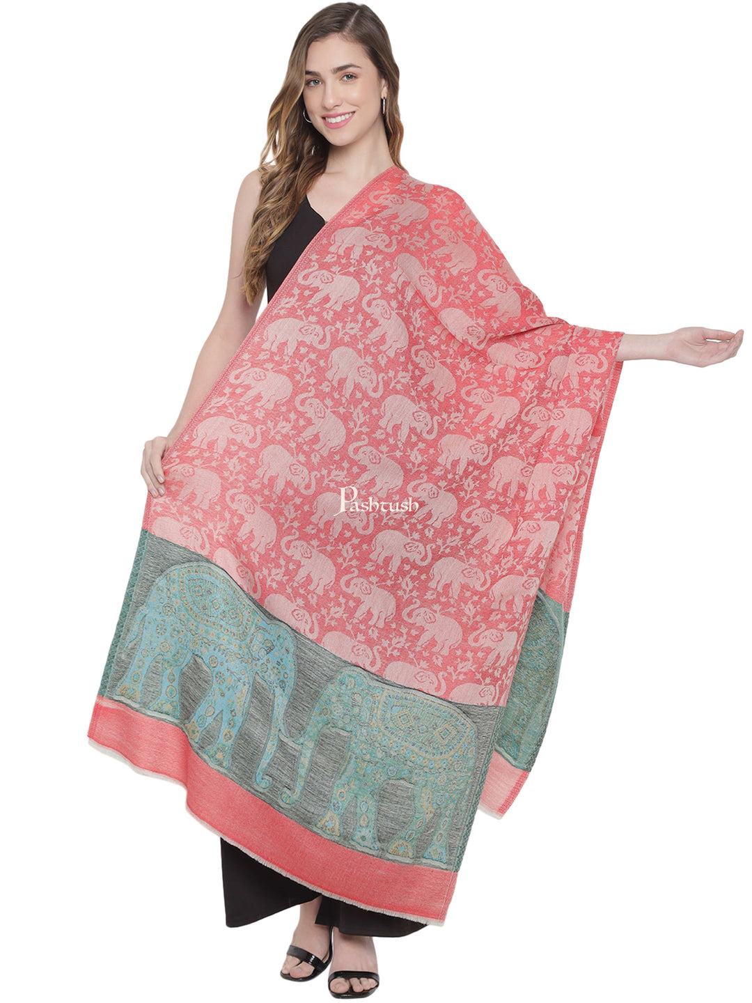 Pashtush India Womens Stoles and Scarves Scarf Pashtush Womens Fine Wool Stole, Chanting Elephants Weave, Bloom