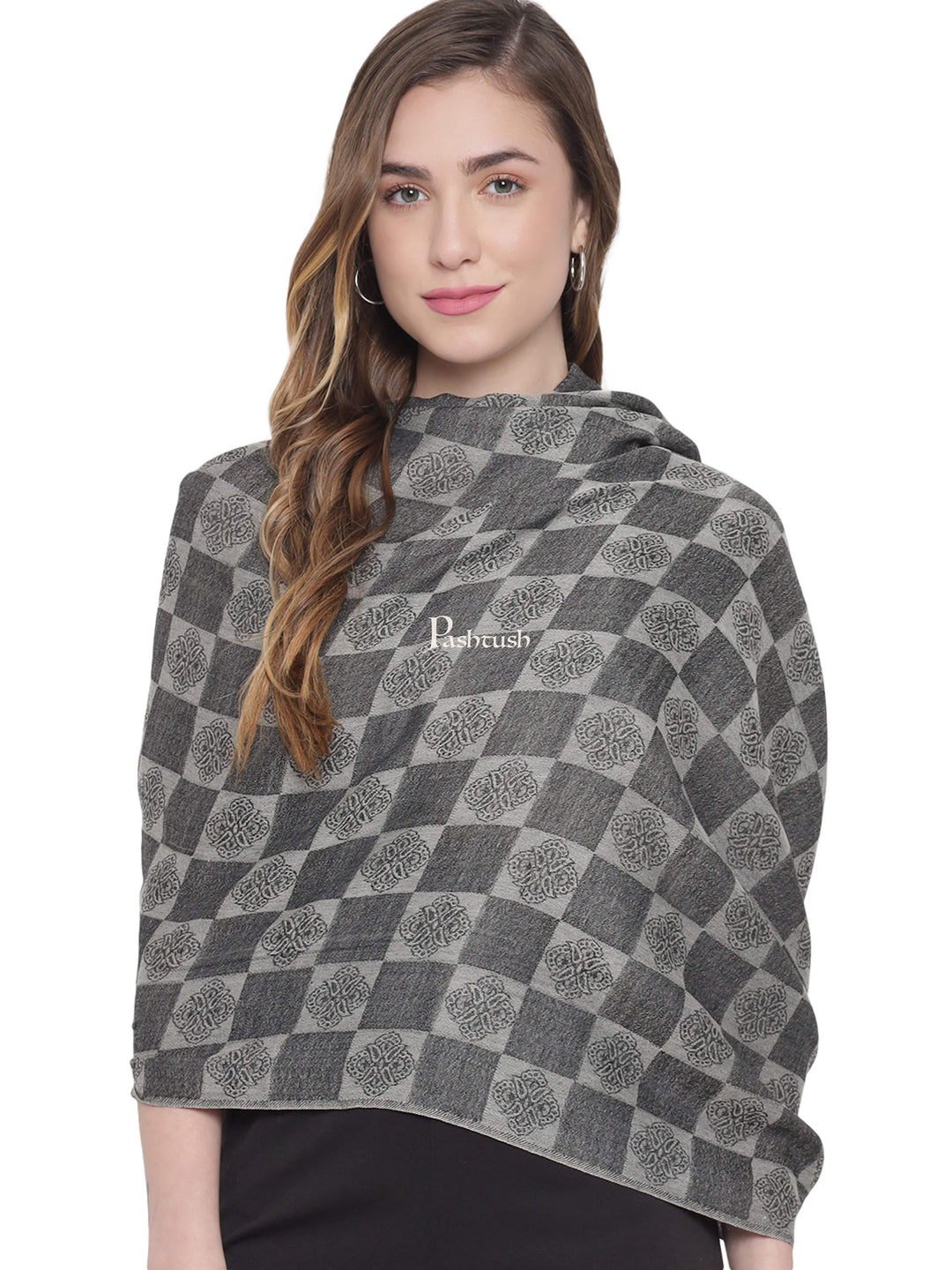 Pashtush India Womens Stoles and Scarves Scarf Pashtush Womens Fine Wool Stole, Checkered Weave, Soft and Warm, Black