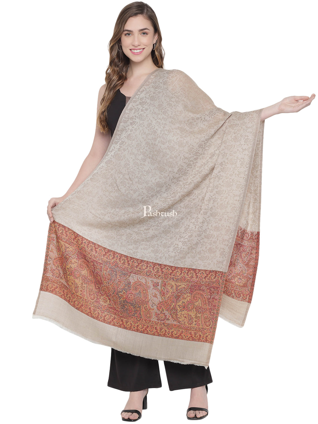 Pashtush India Womens Stoles and Scarves Scarf Pashtush Womens Fine Wool Stole, Ethnic Weave Palla, Beige