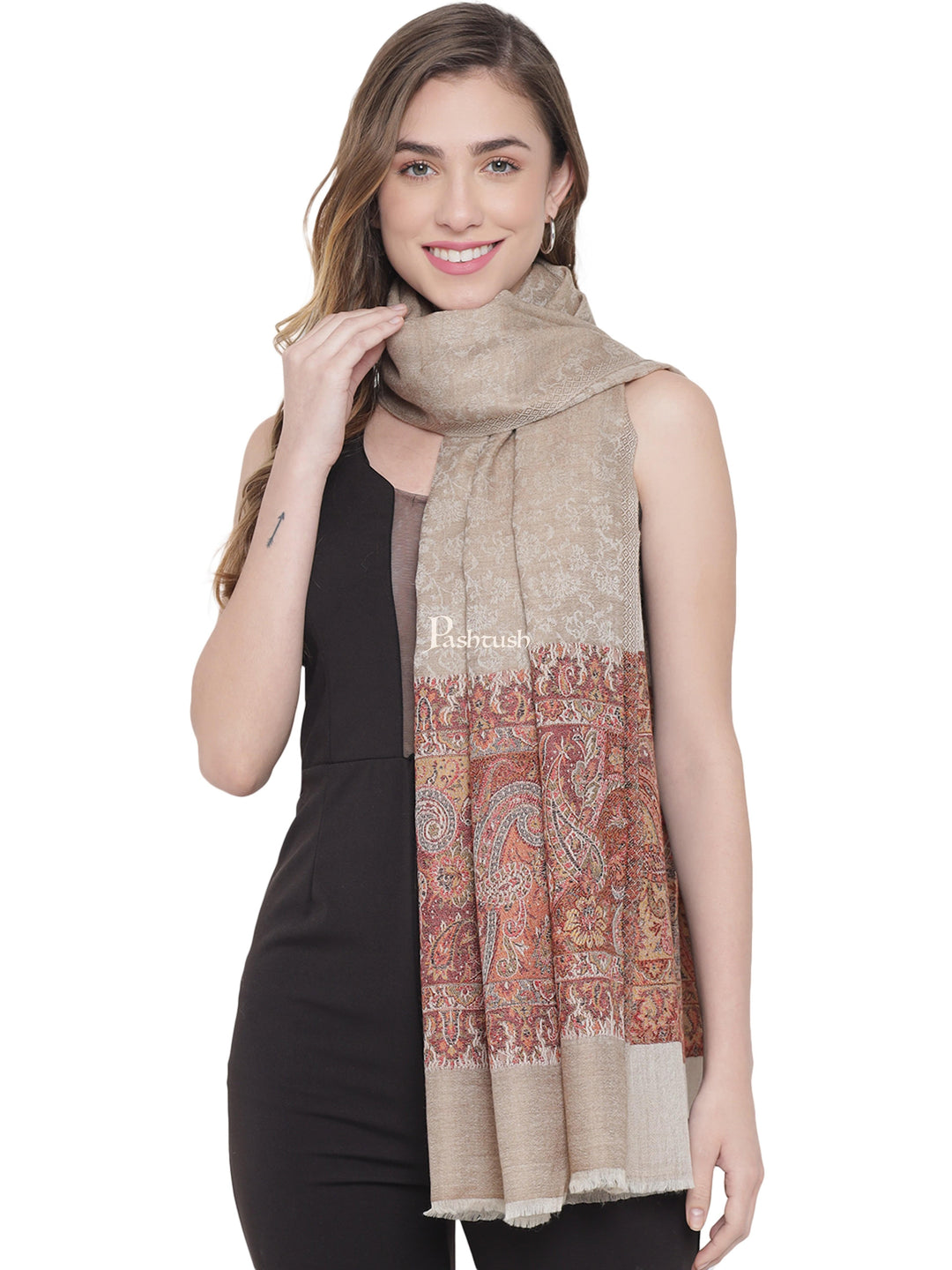 Pashtush India Womens Stoles and Scarves Scarf Pashtush Womens Fine Wool Stole, Ethnic Weave Palla, Beige