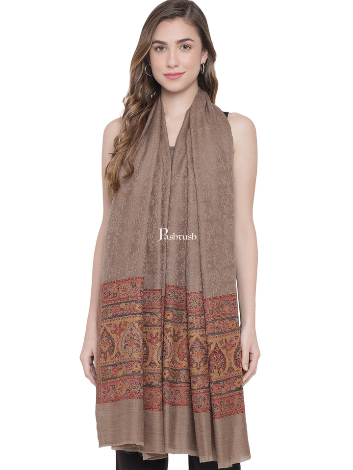 Pashtush India Womens Stoles and Scarves Scarf Pashtush Womens Fine Wool Stole, Ethnic Weave Palla, Taupe