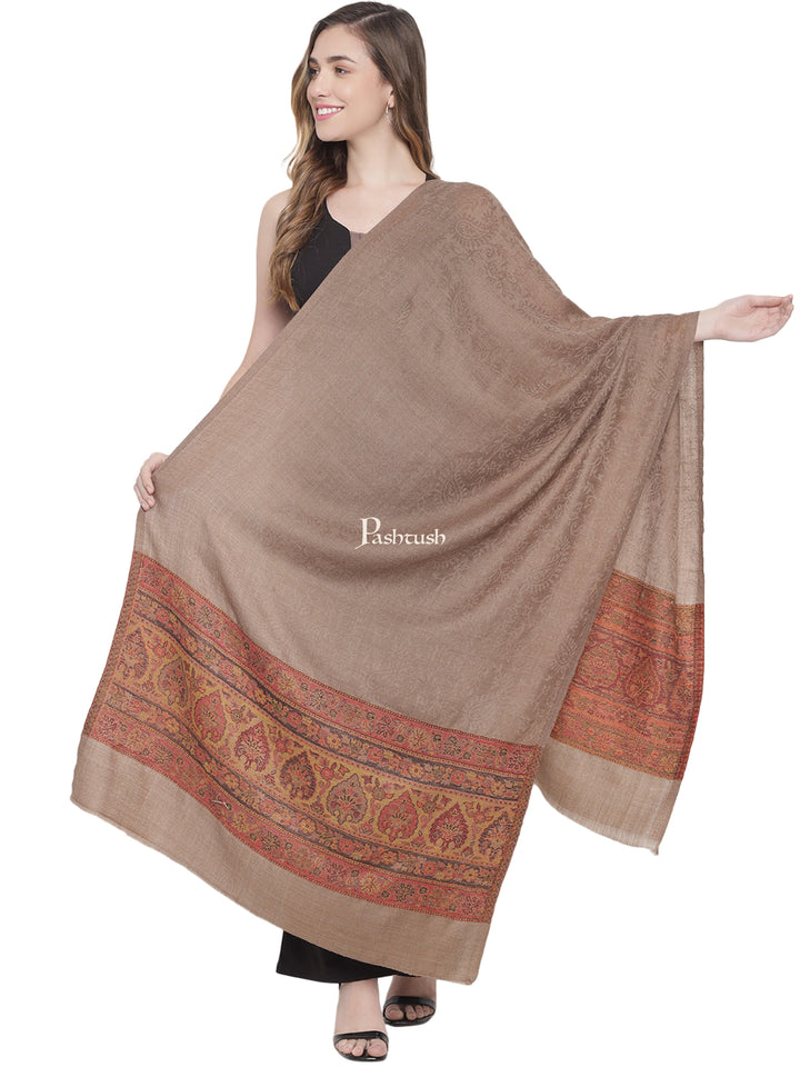 Pashtush India Womens Stoles and Scarves Scarf Pashtush Womens Fine Wool Stole, Ethnic Weave Palla, Taupe