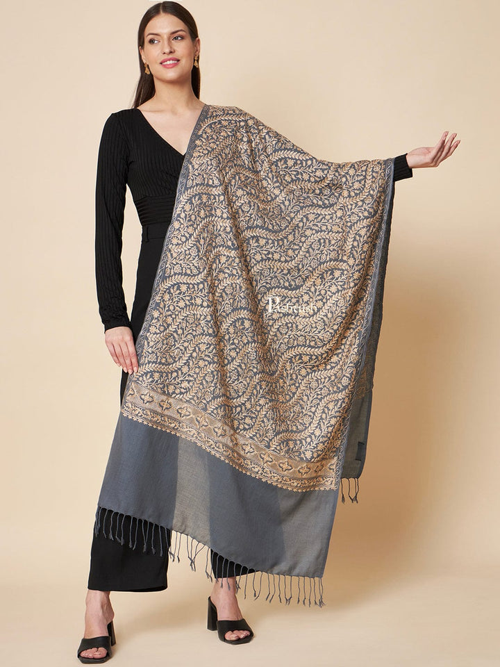 Pashtush India Womens Stoles and Scarves Scarf Pashtush Womens Fine Wool Stole, Fine Nalki Embroidery Design, Dark Grey