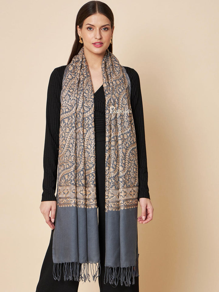 Pashtush India Womens Stoles and Scarves Scarf Pashtush Womens Fine Wool Stole, Fine Nalki Embroidery Design, Dark Grey