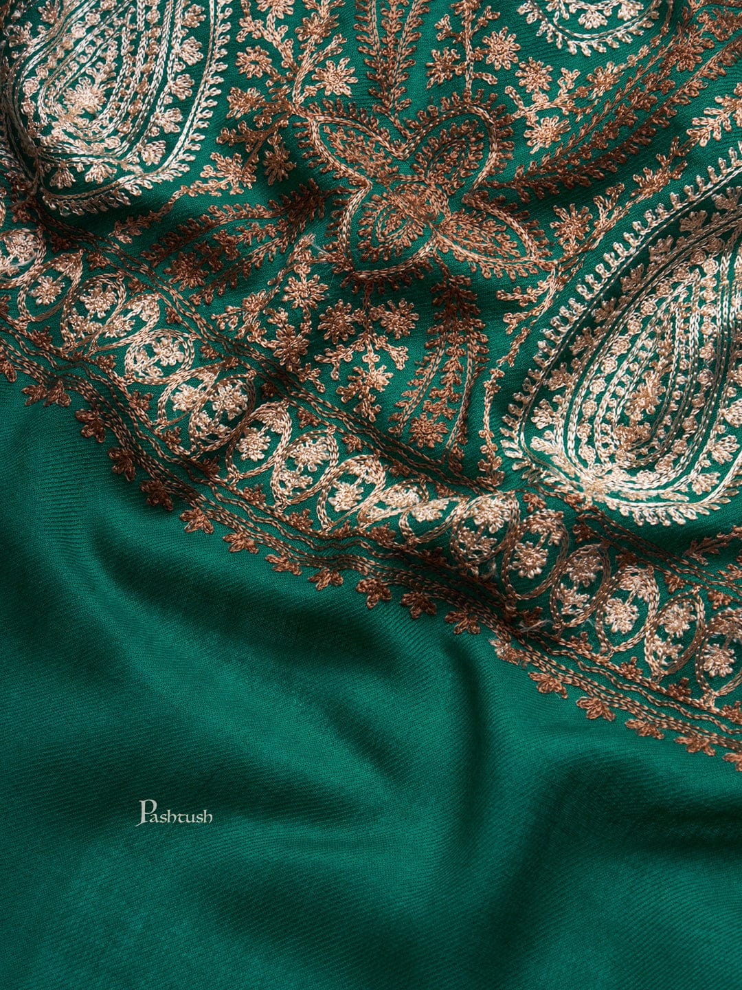 Pashtush India Womens Stoles and Scarves Scarf Pashtush Womens Fine Wool Stole, Fine Two Tone Nalki Embroidery Design, Green