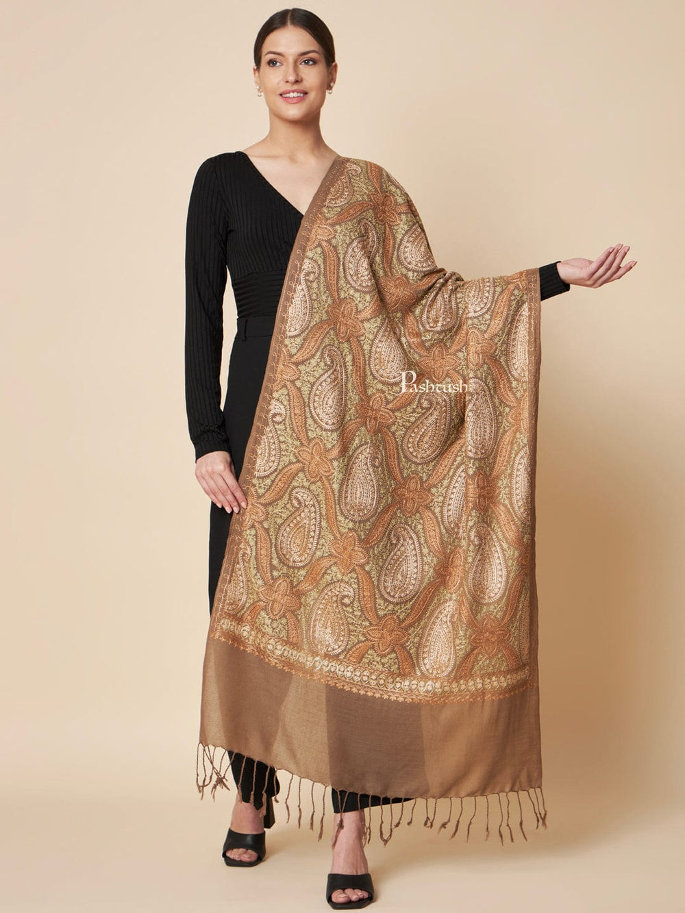 Pashtush India Womens Stoles and Scarves Scarf Pashtush Womens Fine Wool Stole, Fine Two Tone Nalki Embroidery Design, Taupe