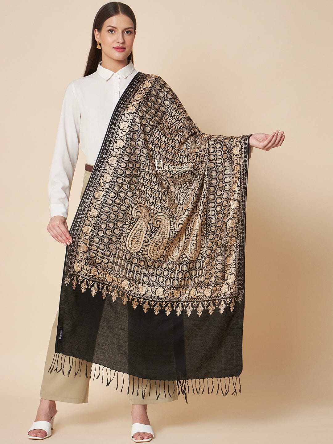 Pashtush India Womens Stoles and Scarves Scarf Pashtush Womens Fine Wool Stole, Golden Nalki Threadwork Design, Black