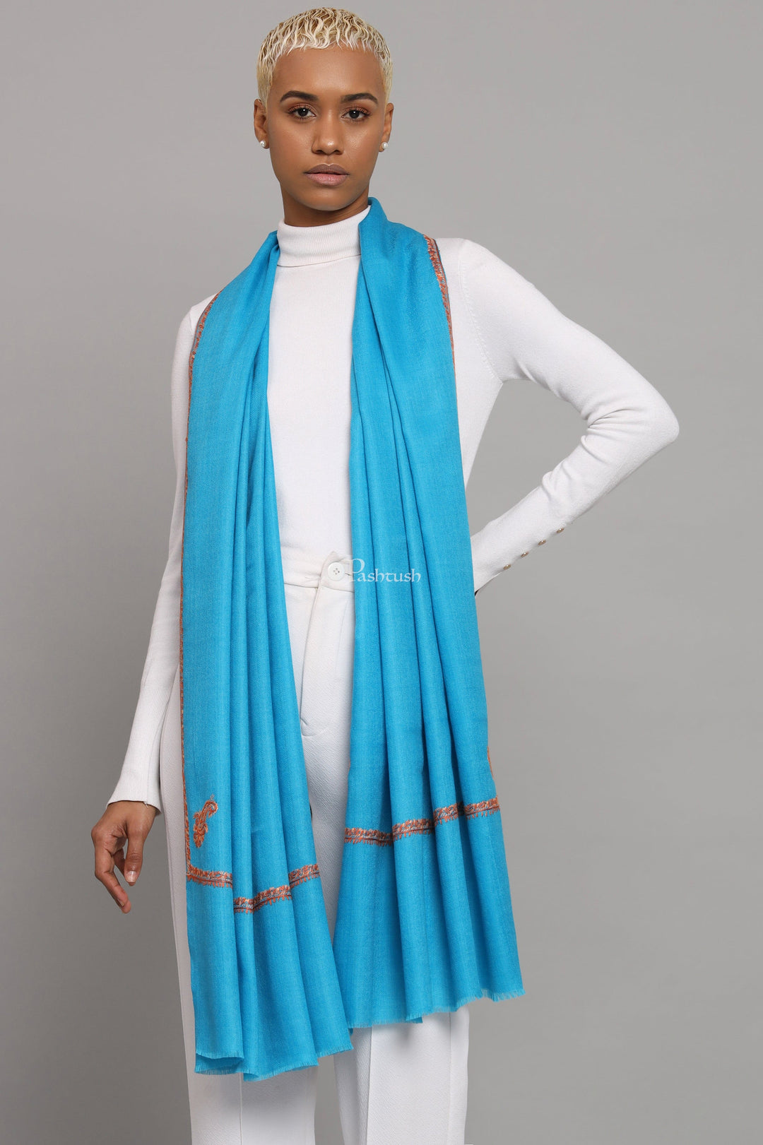 Pashtush India Womens Stoles Pashtush Womens Fine Wool Stole, Kashmiri Hand Embroidery, Kingri Design, Arabic Sea Blue