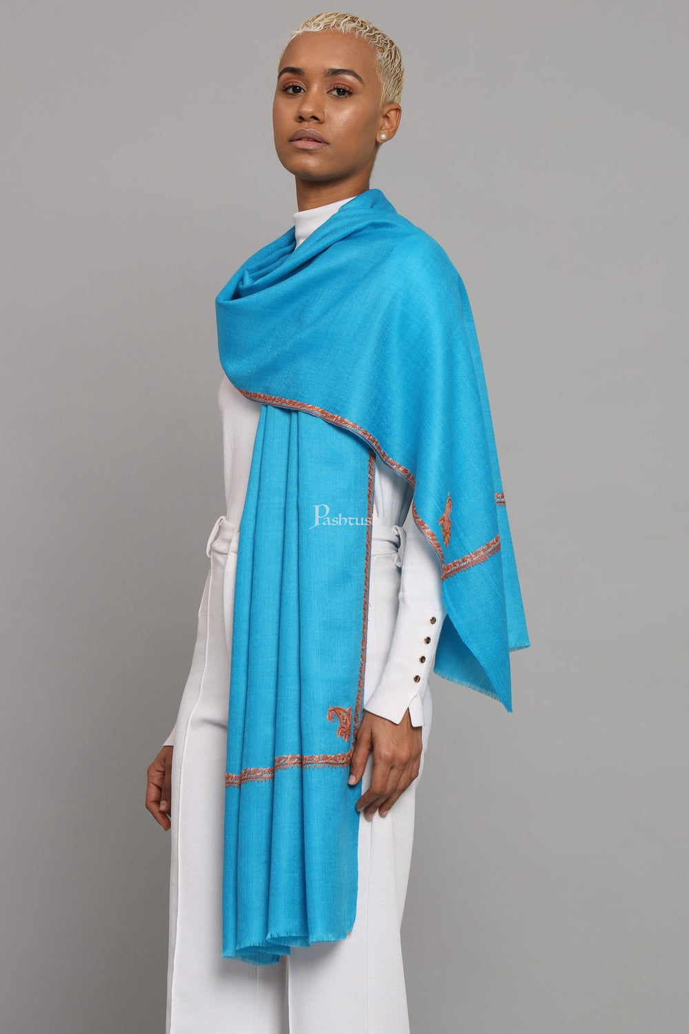 Pashtush India Womens Stoles Pashtush Womens Fine Wool Stole, Kashmiri Hand Embroidery, Kingri Design, Arabic Sea Blue