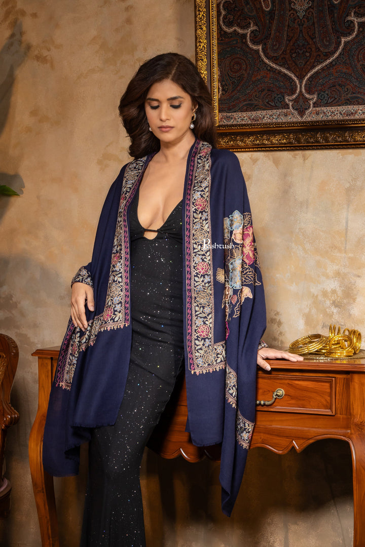 Pashtush India Womens Stoles and Scarves Scarf Pashtush Womens Fine Wool Stole, Nalki Embroidery  Design, Blue
