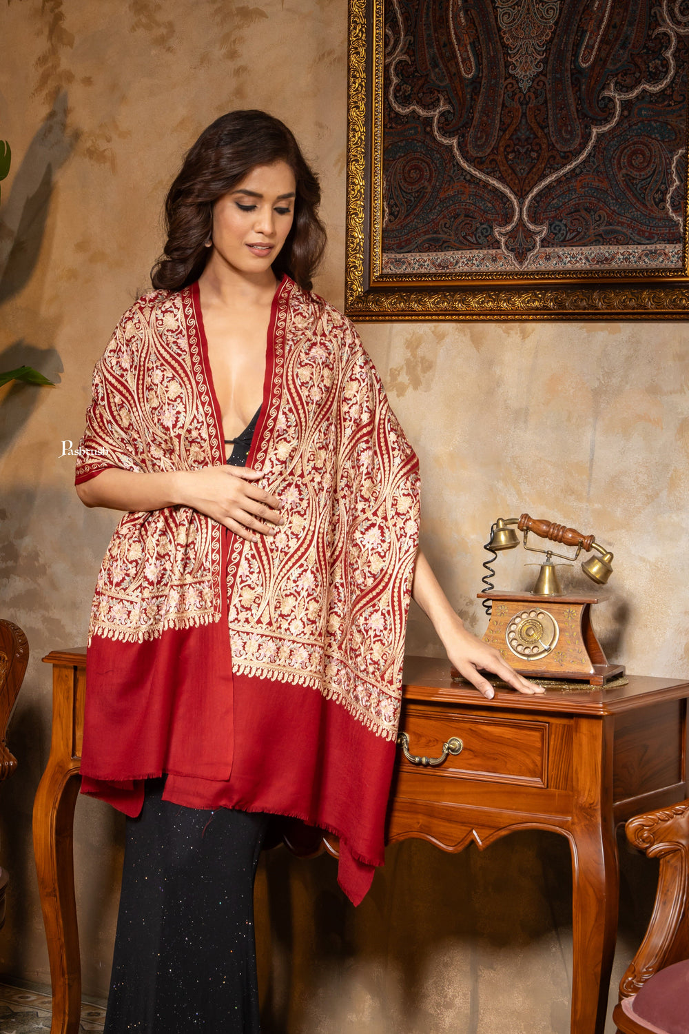 Pashtush India Womens Stoles and Scarves Scarf Pashtush Womens Fine Wool Stole, Nalki Embroidery  Design, Red