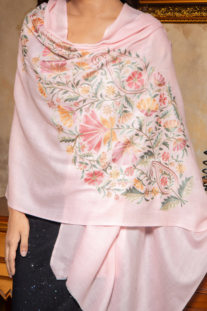 Pashtush India Womens Stoles and Scarves Scarf Pashtush Womens Fine Wool Stole, Nalki Embroidery  Design, Soft Pink