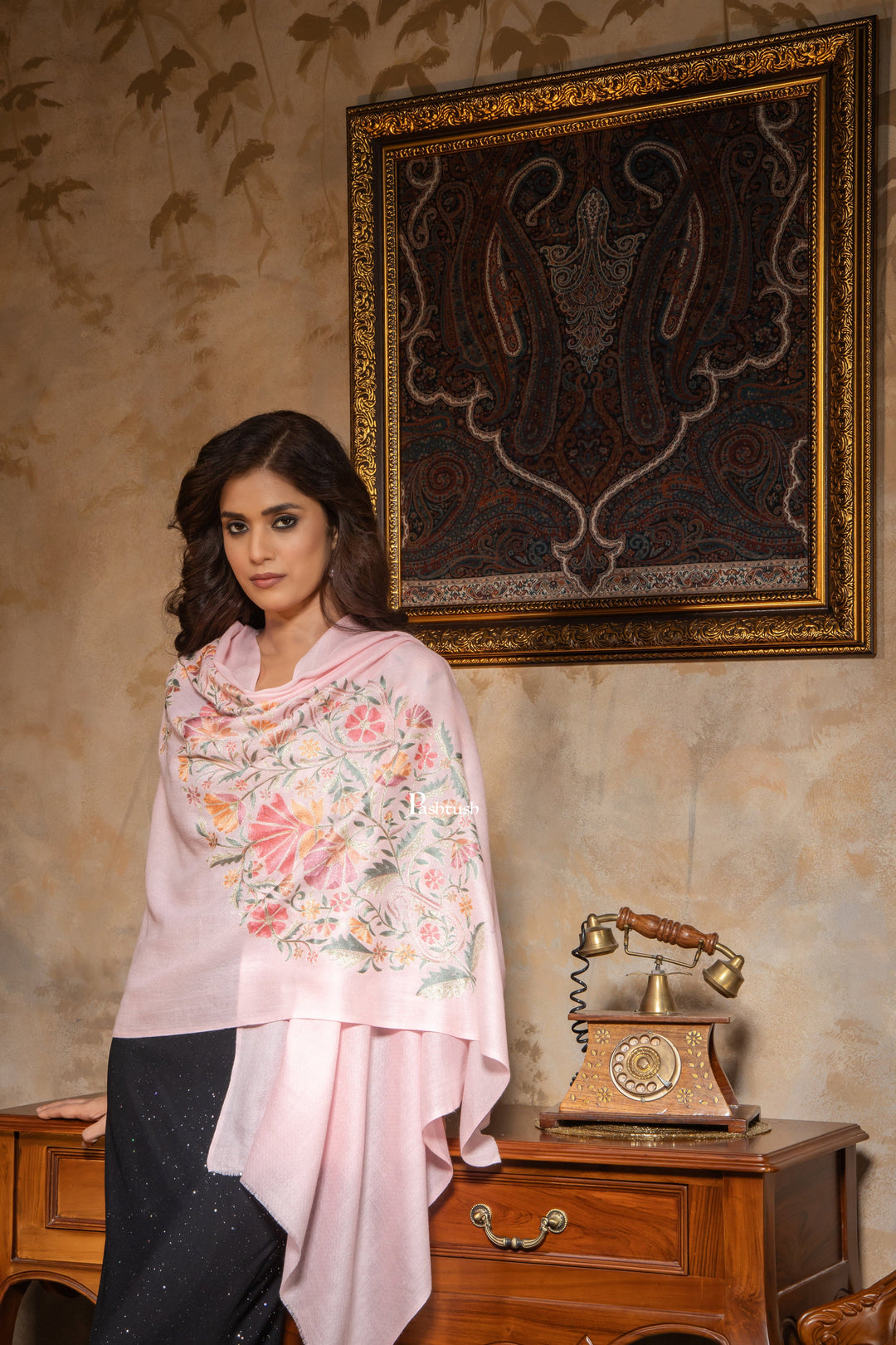 Pashtush India Womens Stoles and Scarves Scarf Pashtush Womens Fine Wool Stole, Nalki Embroidery  Design, Soft Pink