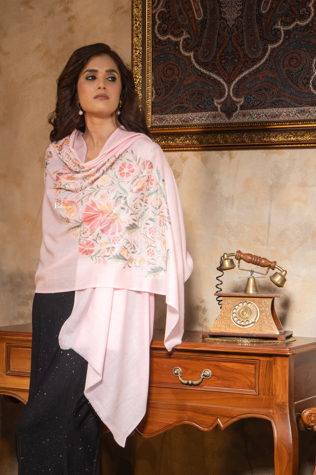 Pashtush India Womens Stoles and Scarves Scarf Pashtush Womens Fine Wool Stole, Nalki Embroidery  Design, Soft Pink