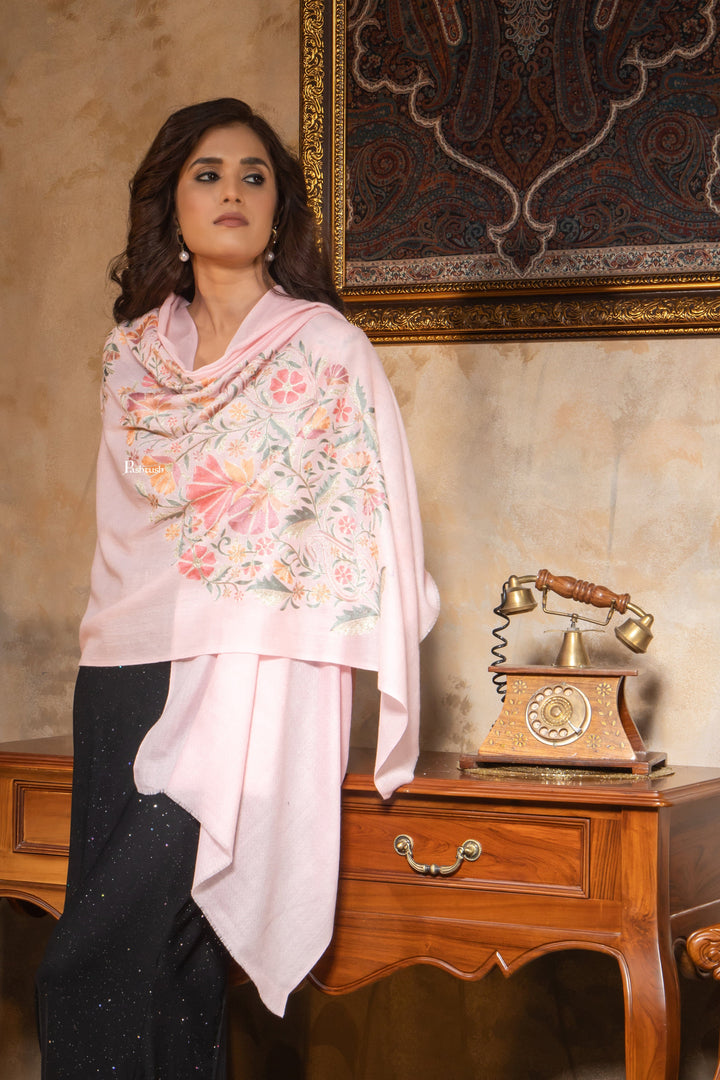 Pashtush India Womens Stoles and Scarves Scarf Pashtush Womens Fine Wool Stole, Nalki Embroidery  Design, Soft Pink