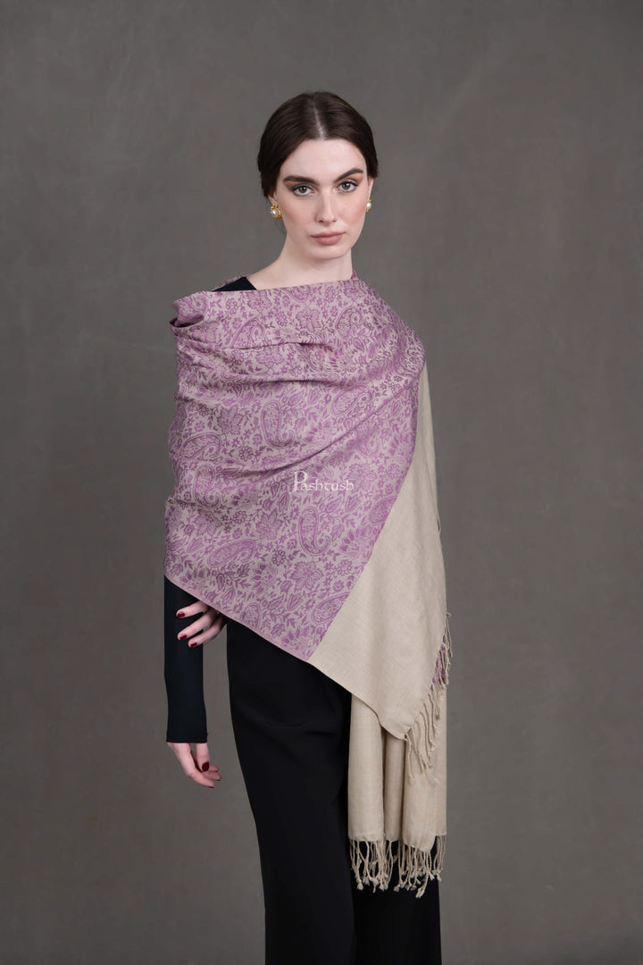Pashtush India Womens Stoles and Scarves Scarf Pashtush Womens Fine Wool Stole, Paisley Weave Woven Design, Mauve