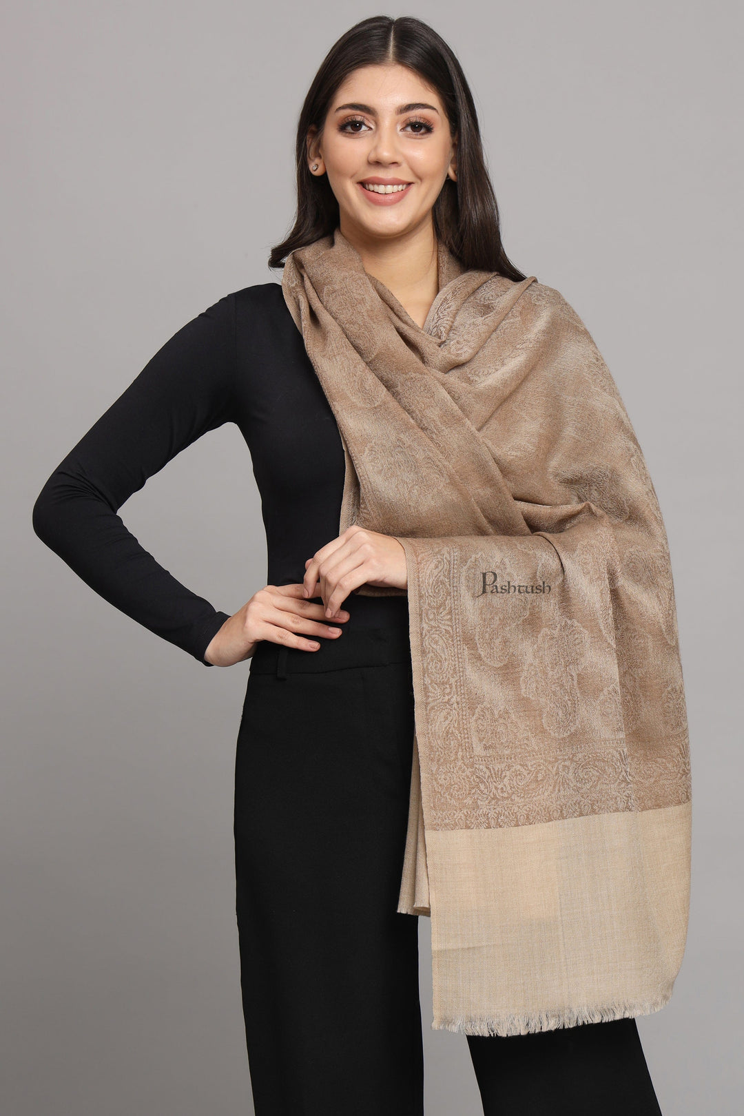 Pashtush India Womens Stoles and Scarves Scarf Pashtush womens Fine Wool stole, pasiley weave design, Taupe