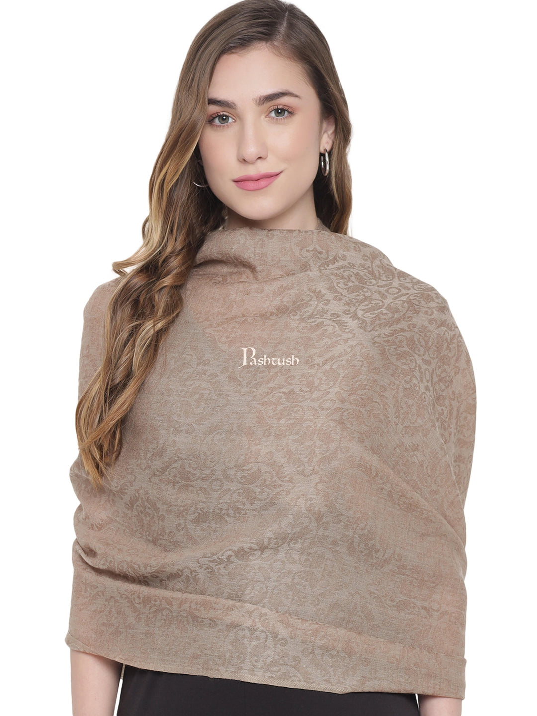 Pashtush India Womens Stoles and Scarves Scarf Pashtush Womens Fine Wool Stole, Persian Design, Soft and Warm, Natural Beige