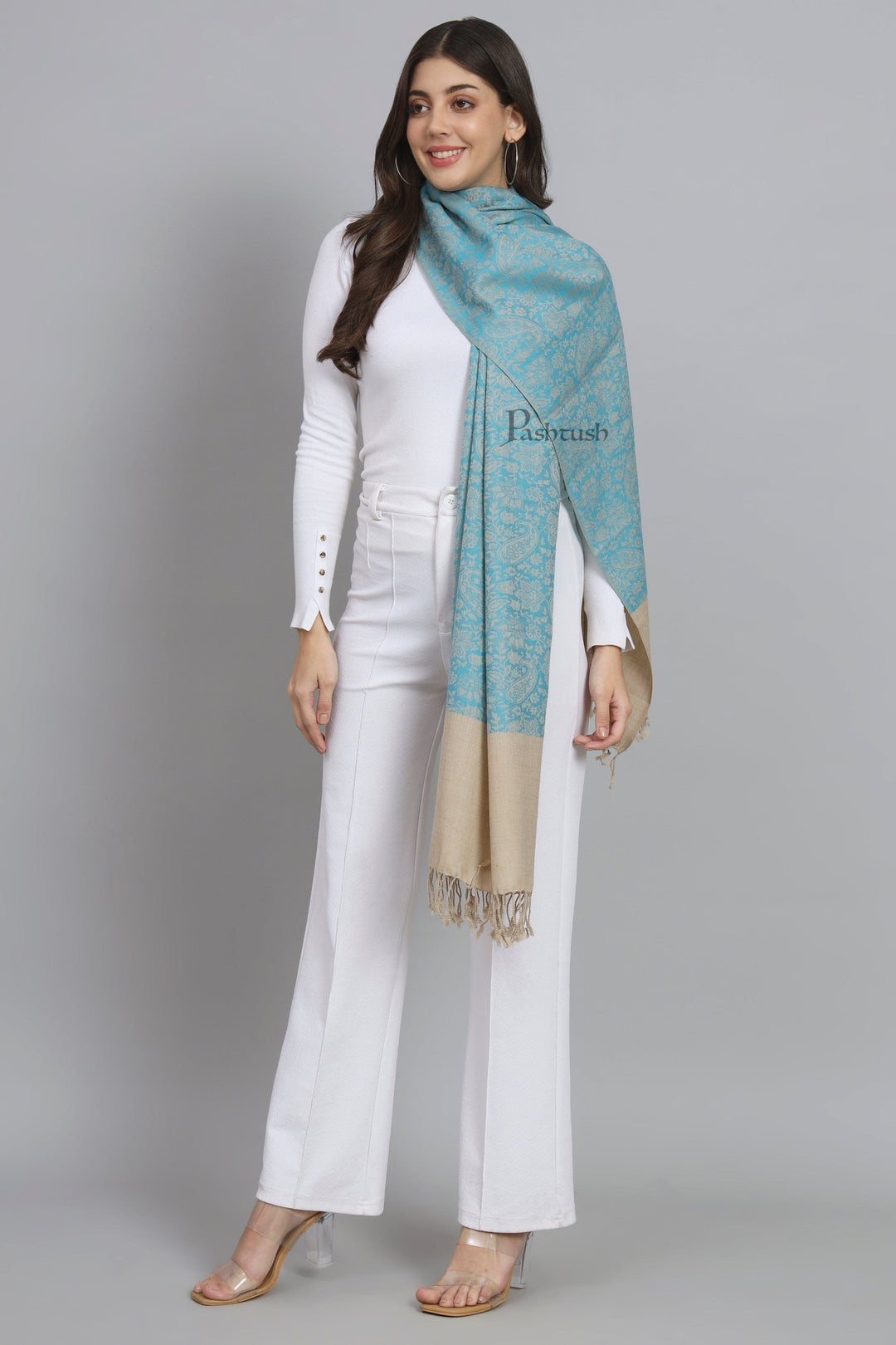 Pashtush India Womens Stoles and Scarves Scarf Pashtush Womens Fine Wool Stole, Self Paisley Weave, Woven Design, Arabic Sea Blue