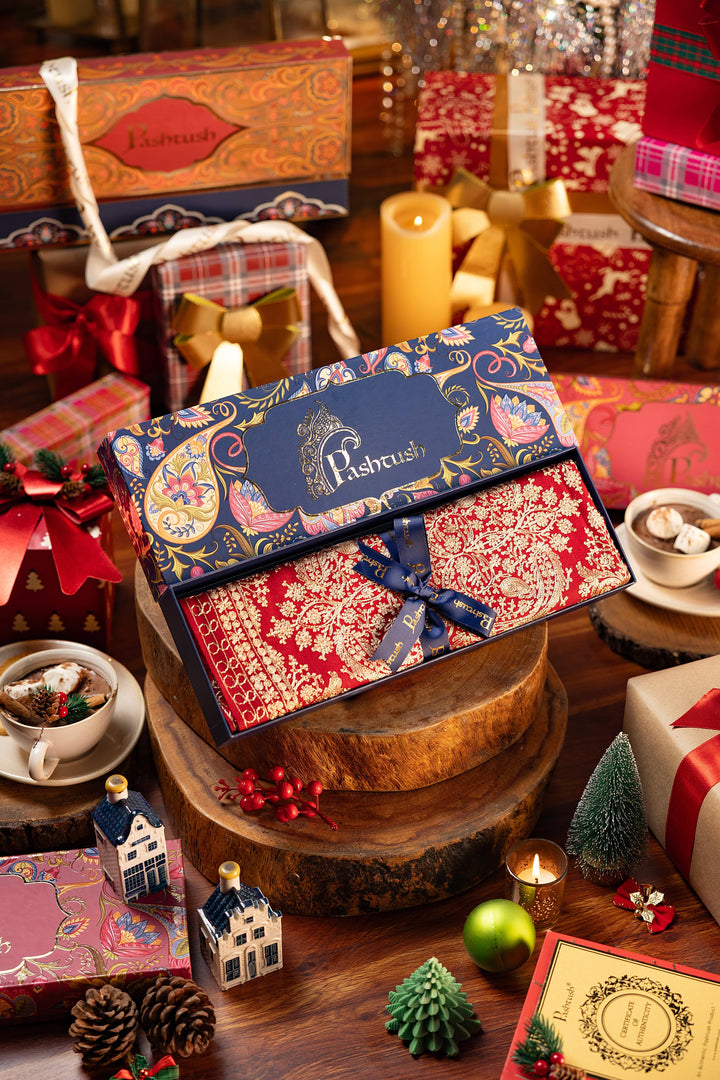 Pashtush India Gift Pack Pashtush Womens Fine Wool Stole, Silky Thread Nalki Embroidery Design, Red