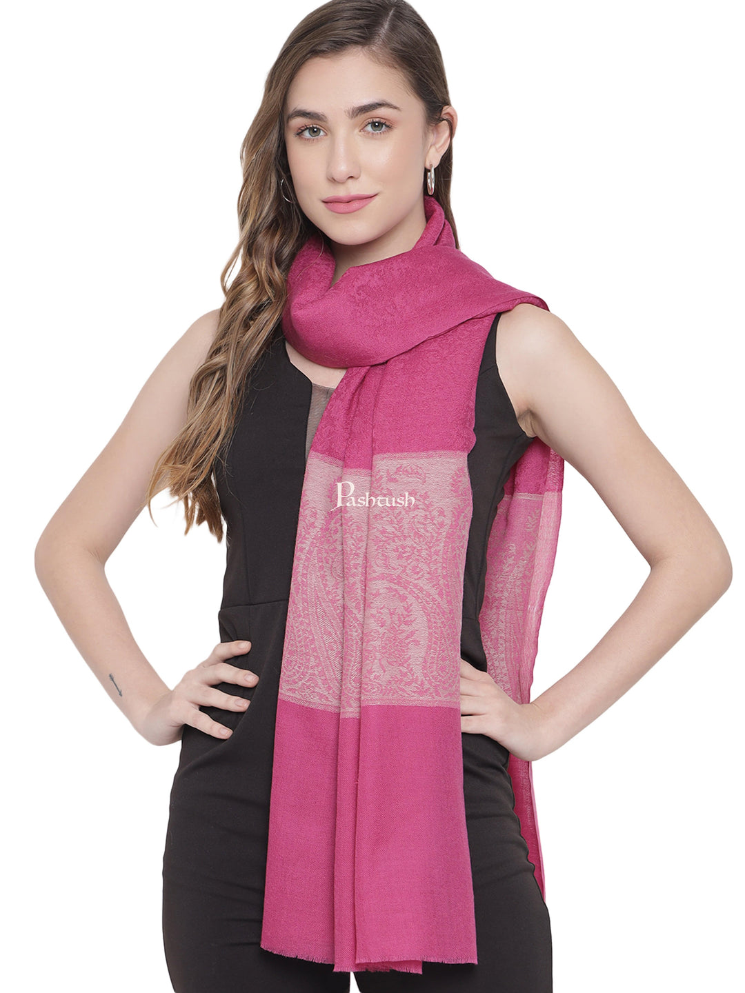 Pashtush India Womens Stoles and Scarves Scarf Pashtush Womens Fine Wool Stole, Soft Paisley Weave Palla, Hot Pink