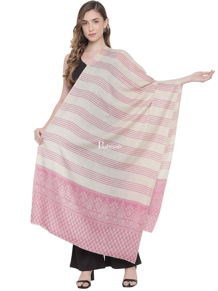 Pashtush India Womens Stoles and Scarves Scarf Pashtush Womens Fine Wool Stole, Striped Weave, Beige and Bloom