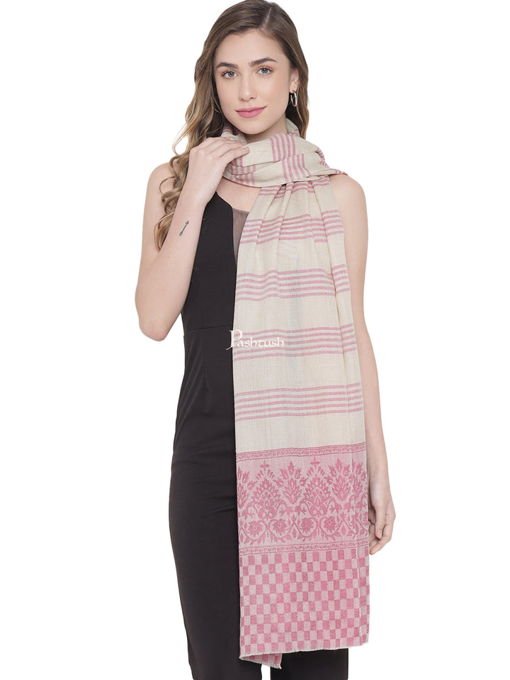 Pashtush India Womens Stoles and Scarves Scarf Pashtush Womens Fine Wool Stole, Striped Weave, Beige and Bloom