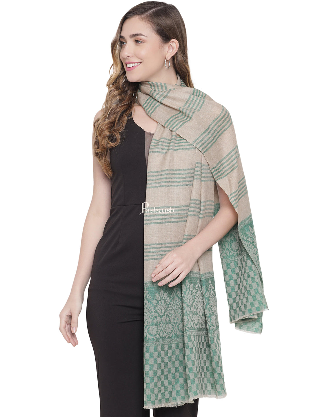 Pashtush India Womens Stoles and Scarves Scarf Pashtush Womens, Fine Wool Stole, Striped Weave, Beige and Green