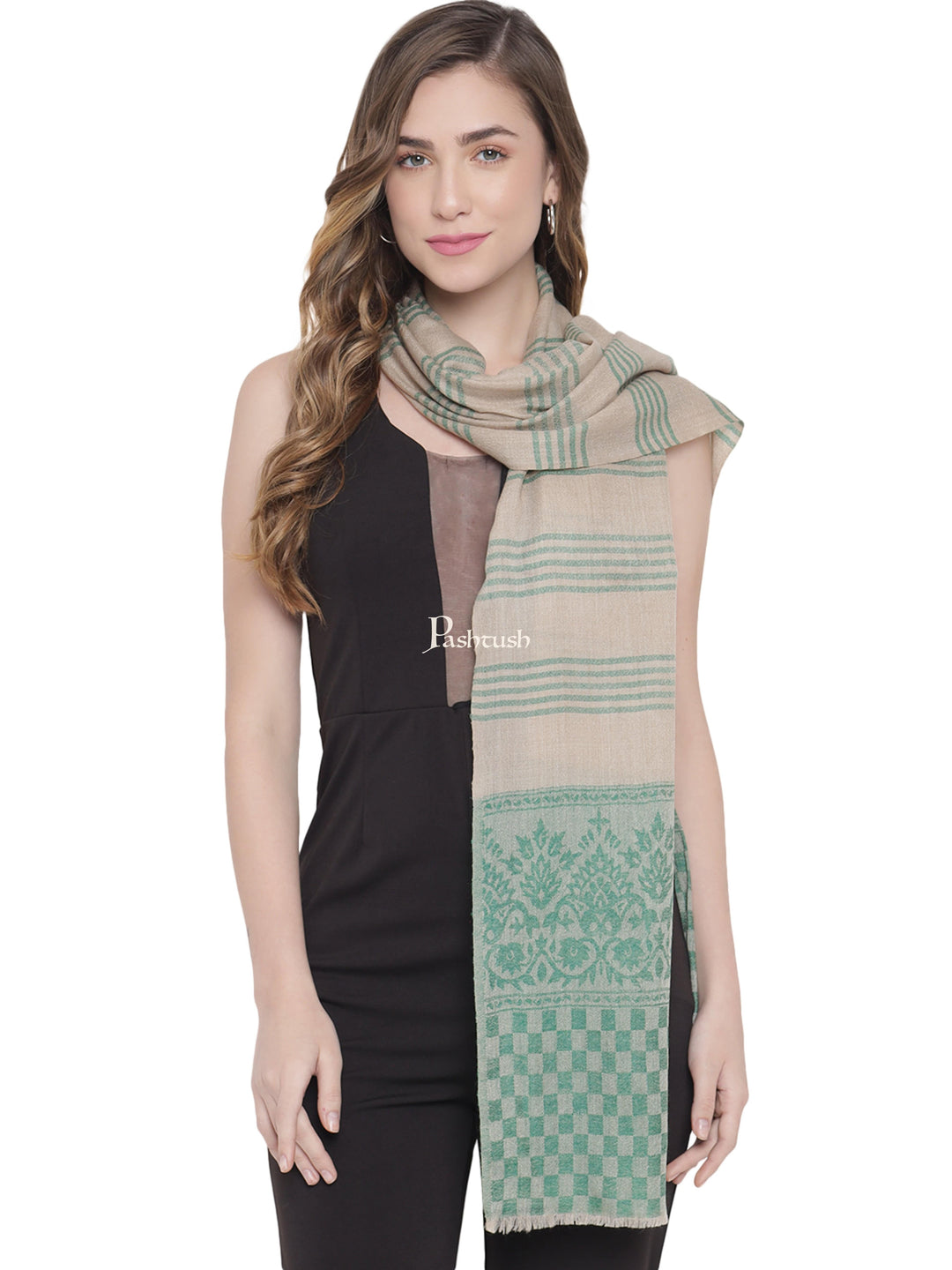 Pashtush India Womens Stoles and Scarves Scarf Pashtush Womens, Fine Wool Stole, Striped Weave, Beige and Green