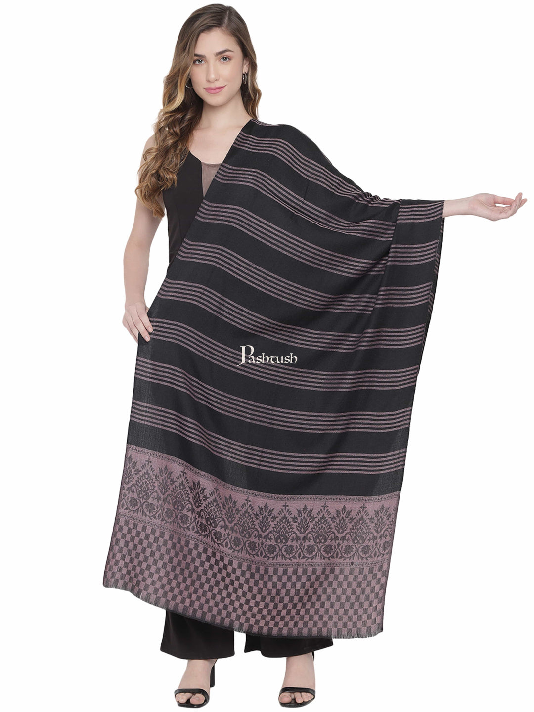 Pashtush India Womens Stoles and Scarves Scarf Pashtush Womens, Fine Wool Stole, Striped Weave, Black and Muave