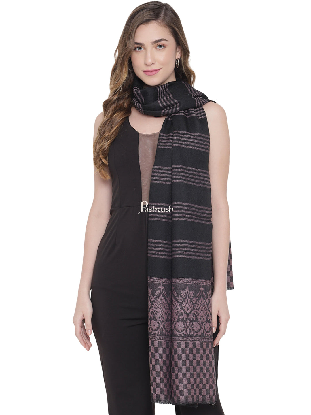 Pashtush India Womens Stoles and Scarves Scarf Pashtush Womens, Fine Wool Stole, Striped Weave, Black and Muave