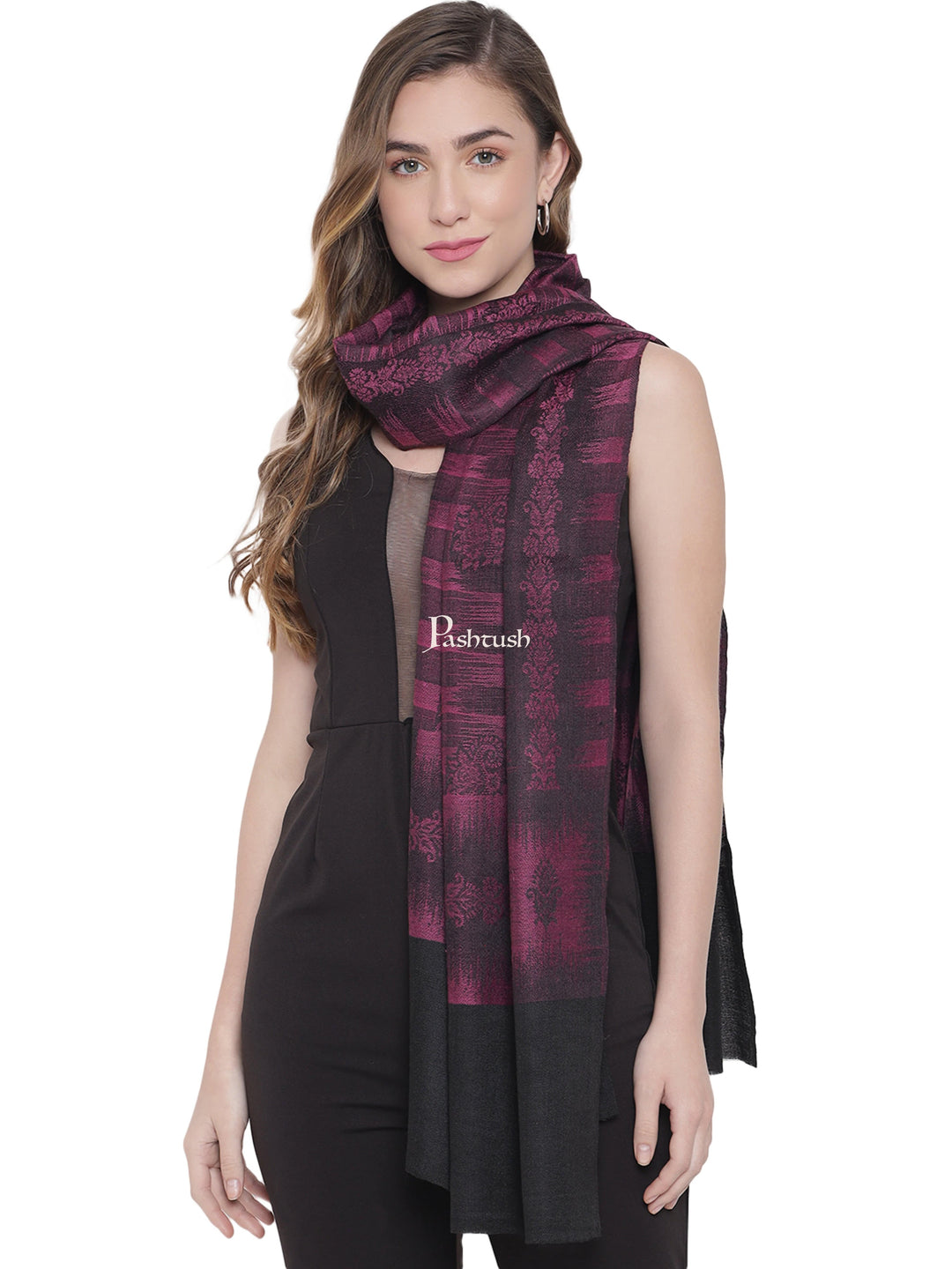 Pashtush India Womens Stoles and Scarves Scarf Pashtush Womens Fine Wool Stole, Striped Weave, Black and Violet