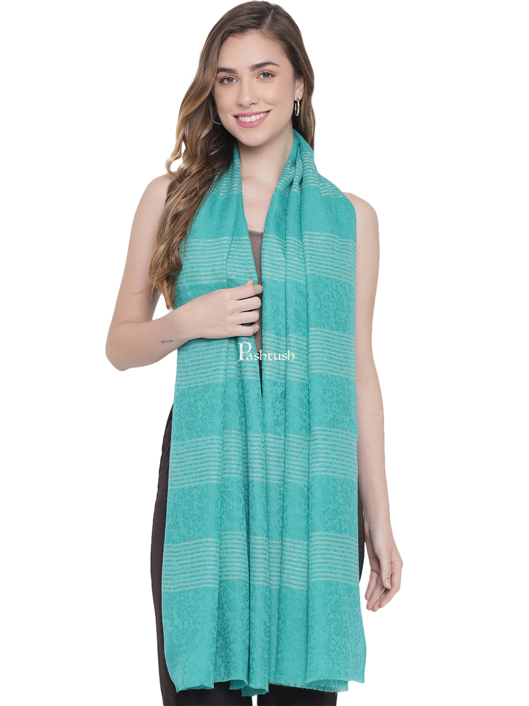 Pashtush India Womens Stoles and Scarves Scarf Pashtush Womens Fine Wool Stole, Striped Weave, Peruvian Green