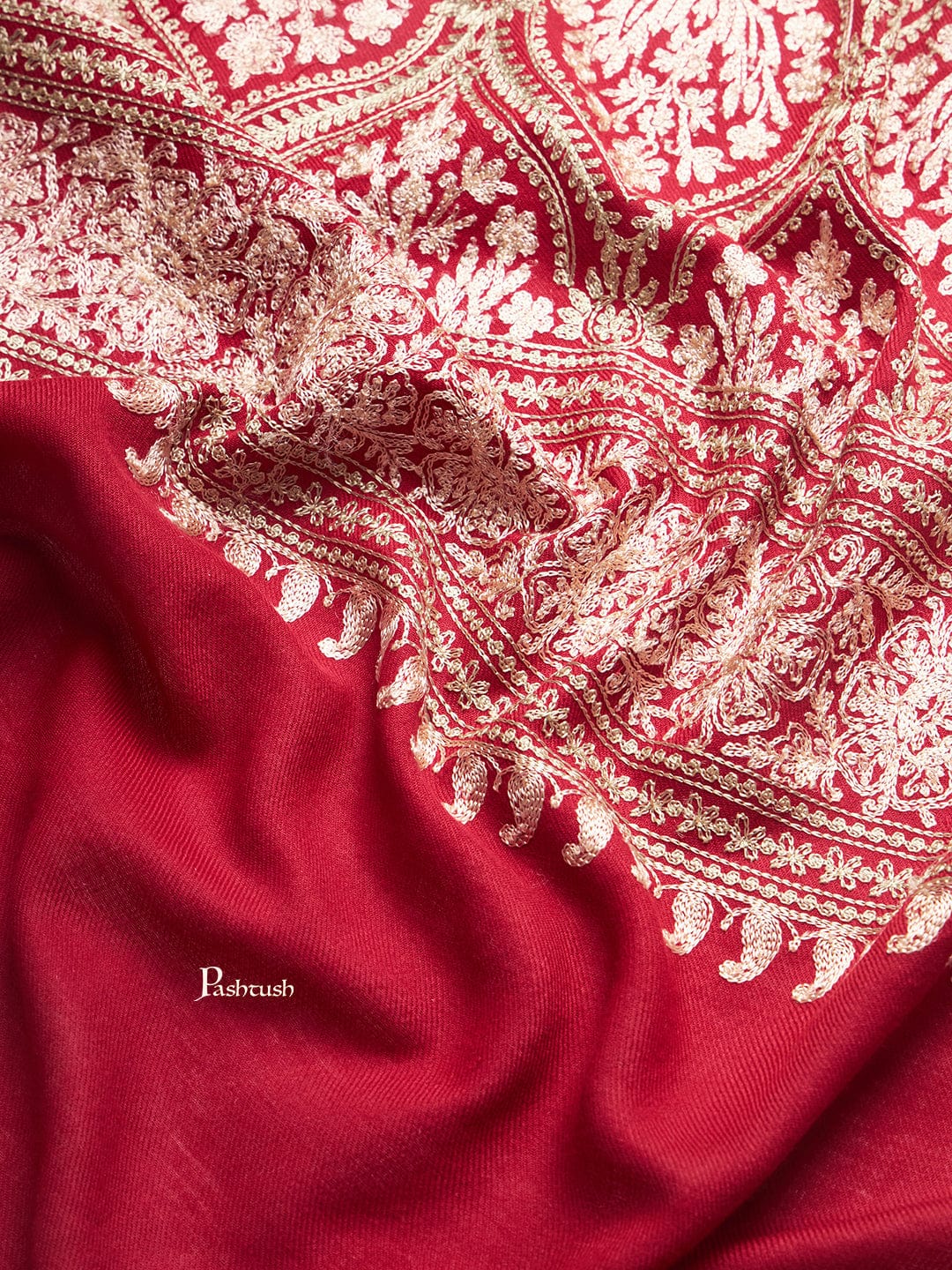 Pashtush India Womens Stoles and Scarves Scarf Pashtush Womens Fine Wool Stole, Tonal Nalki Embroidery Design, Maroon