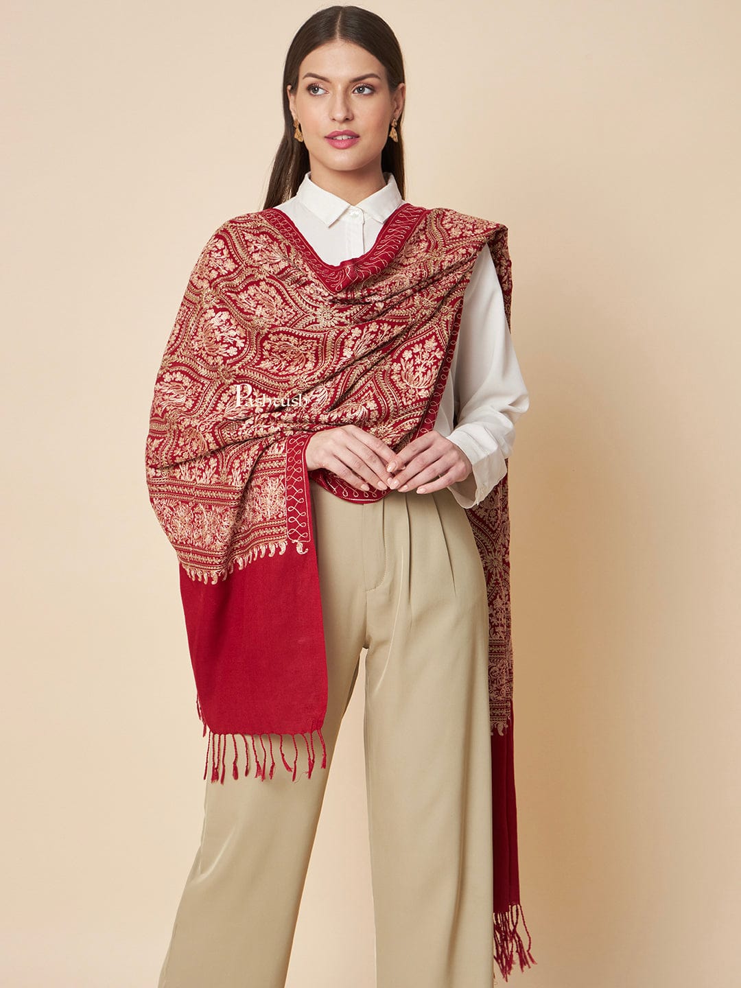 Pashtush India Womens Stoles and Scarves Scarf Pashtush Womens Fine Wool Stole, Tonal Nalki Embroidery Design, Maroon