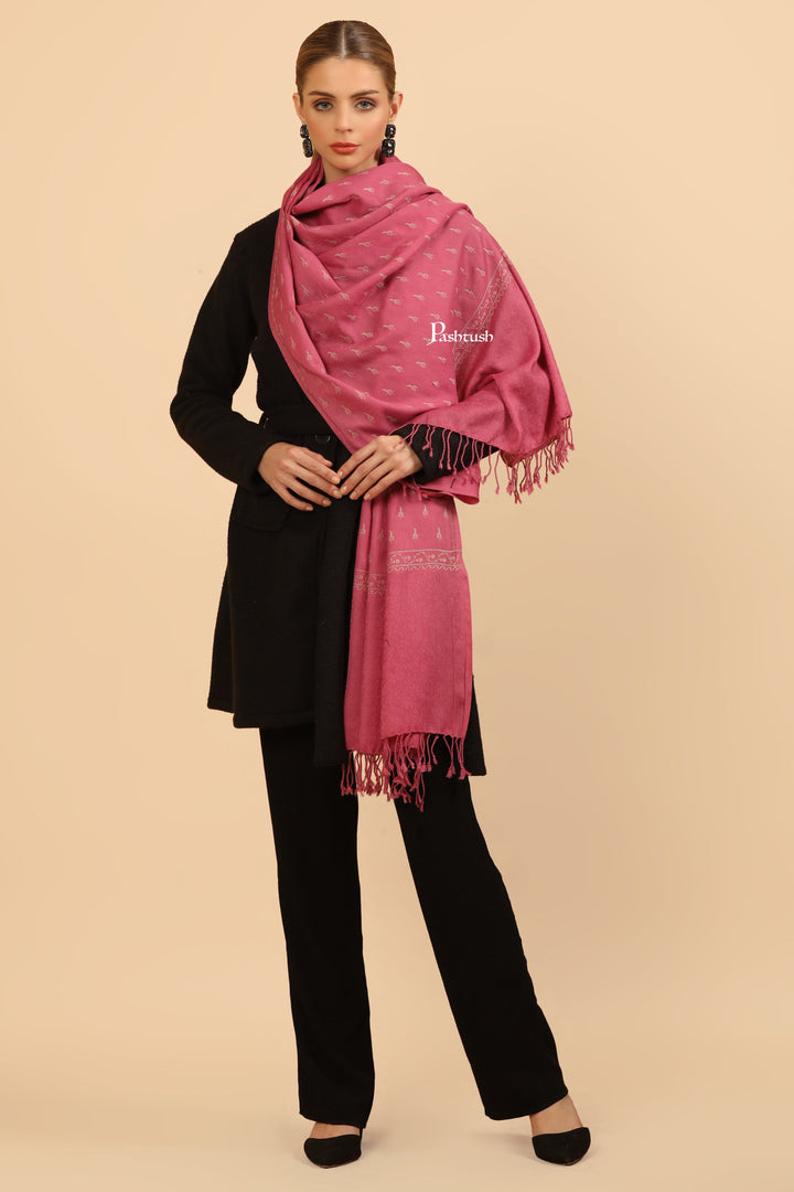 Pashtush India Womens Stoles Pashtush Womens Fine Wool Stole, Tone On Tone Embroidery Design, Pink