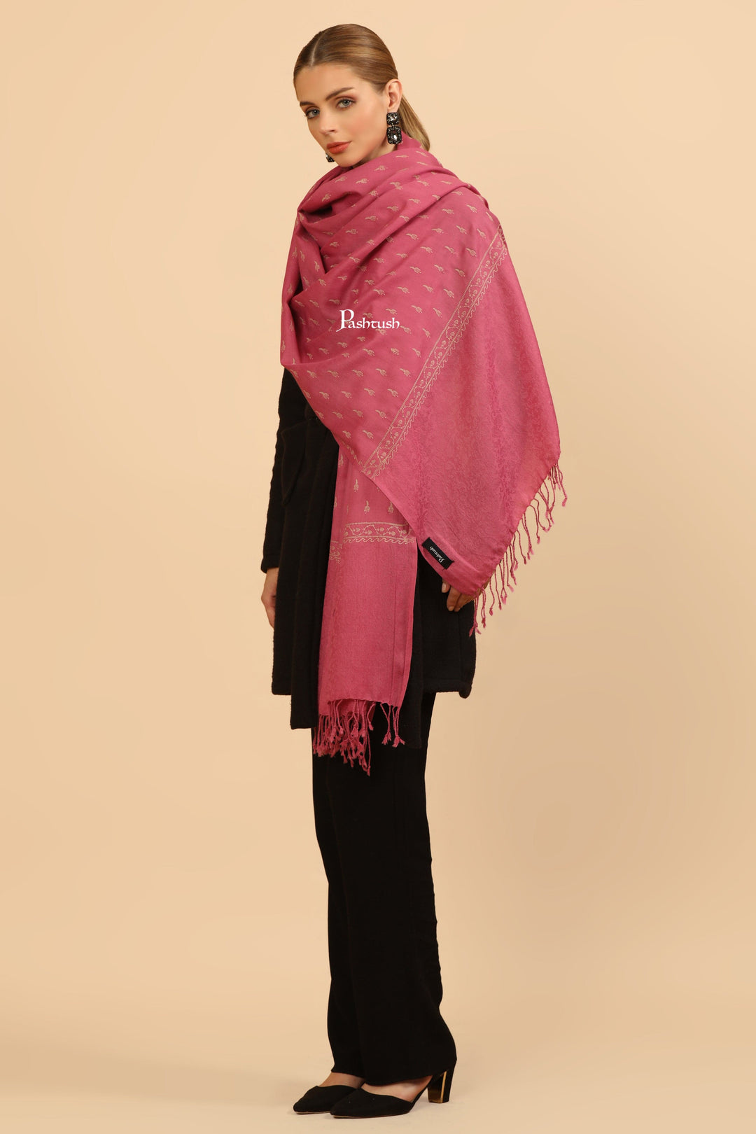 Pashtush India Womens Stoles Pashtush Womens Fine Wool Stole, Tone On Tone Embroidery Design, Pink