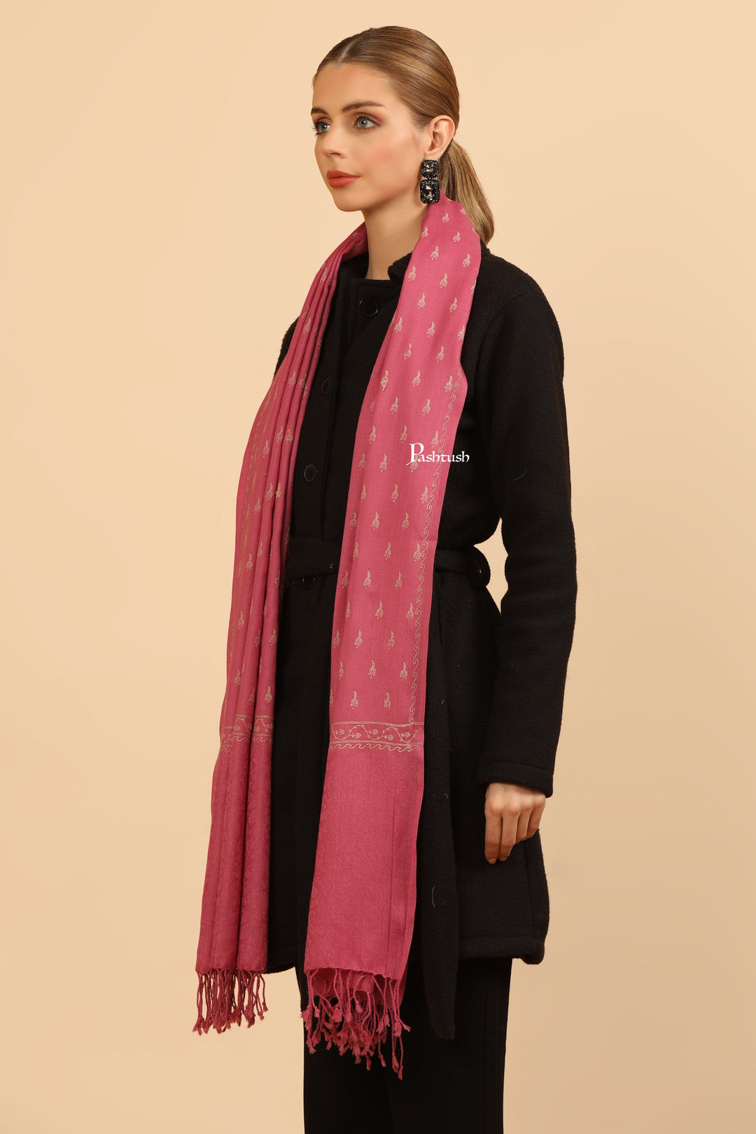 Pashtush India Womens Stoles Pashtush Womens Fine Wool Stole, Tone On Tone Embroidery Design, Pink
