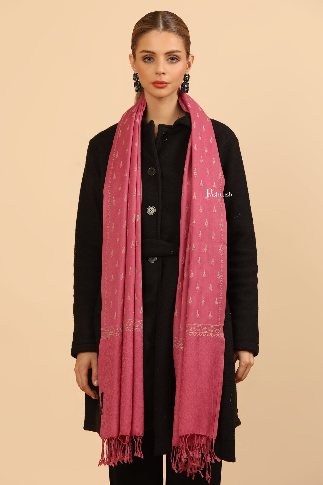 Pashtush India Womens Stoles Pashtush Womens Fine Wool Stole, Tone On Tone Embroidery Design, Pink
