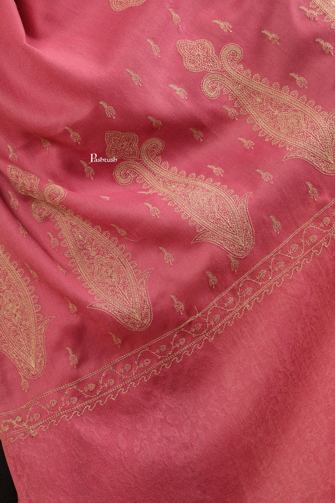 Pashtush India Womens Stoles Pashtush Womens Fine Wool Stole, Tone On Tone Embroidery Design, Pink