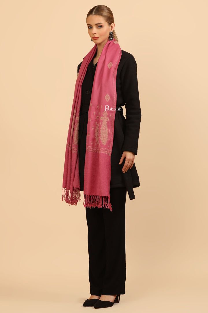 Pashtush India Womens Stoles Pashtush Womens Fine Wool Stole, Tone On Tone Embroidery Design, Pink