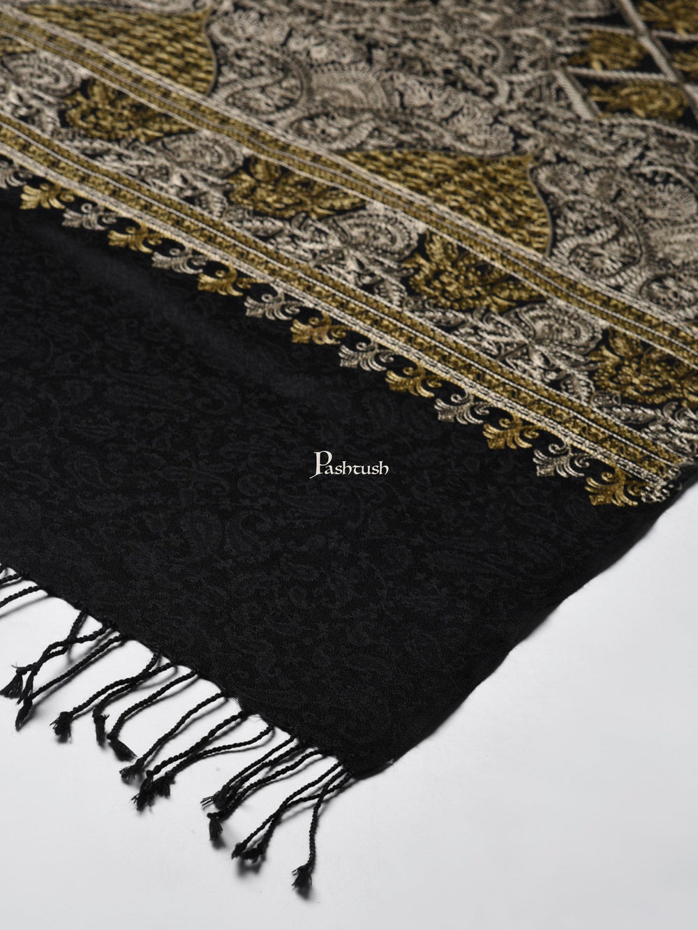 Pashtush India Womens Stoles and Scarves Scarf Pashtush Womens Fine Wool Stole With Nalki Embroidery, Black