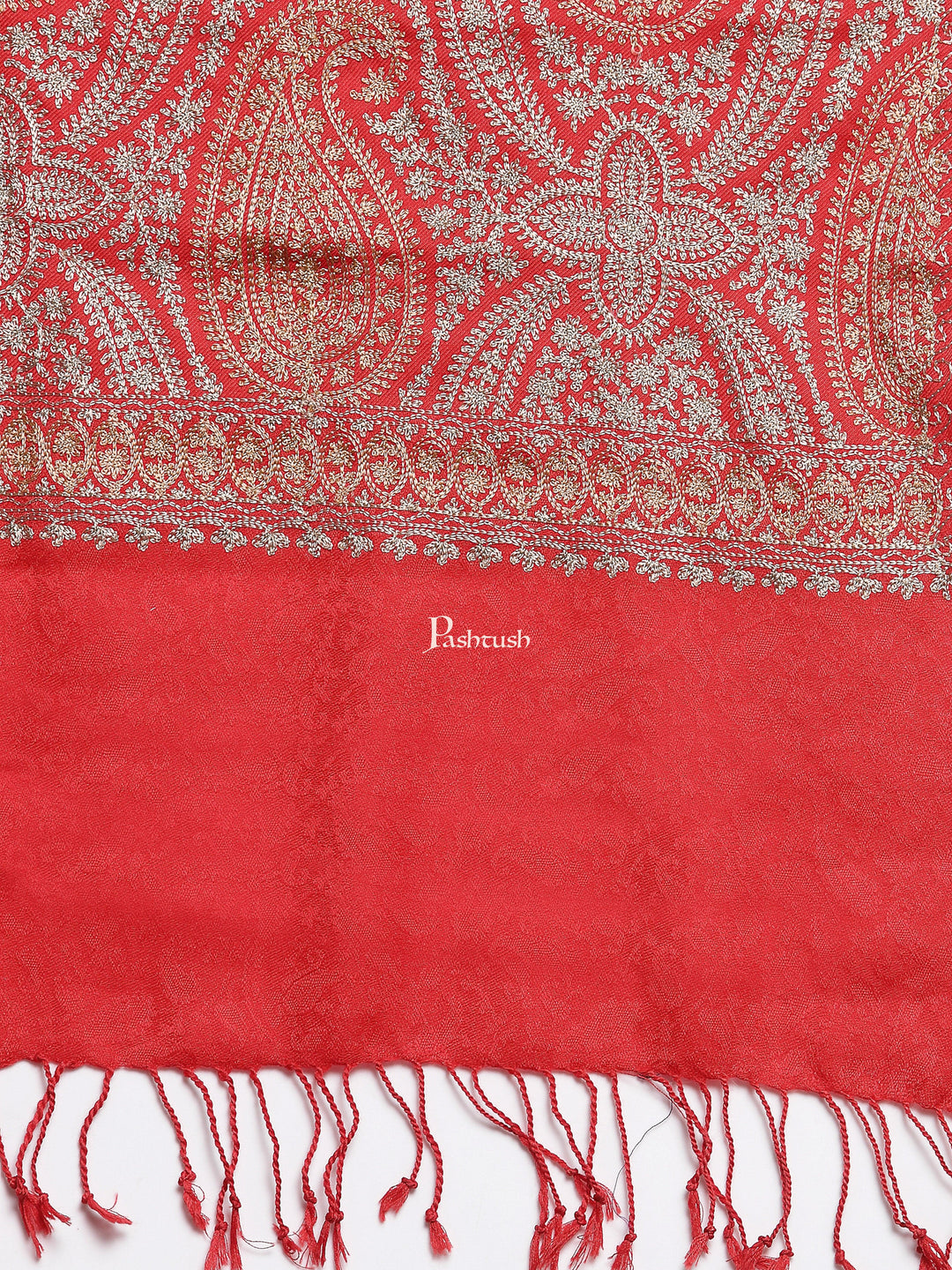 Pashtush India Womens Stoles and Scarves Scarf Pashtush Womens Fine Wool Stole, With Silky Nalki Embroidery, Self Weave, Crimson Red