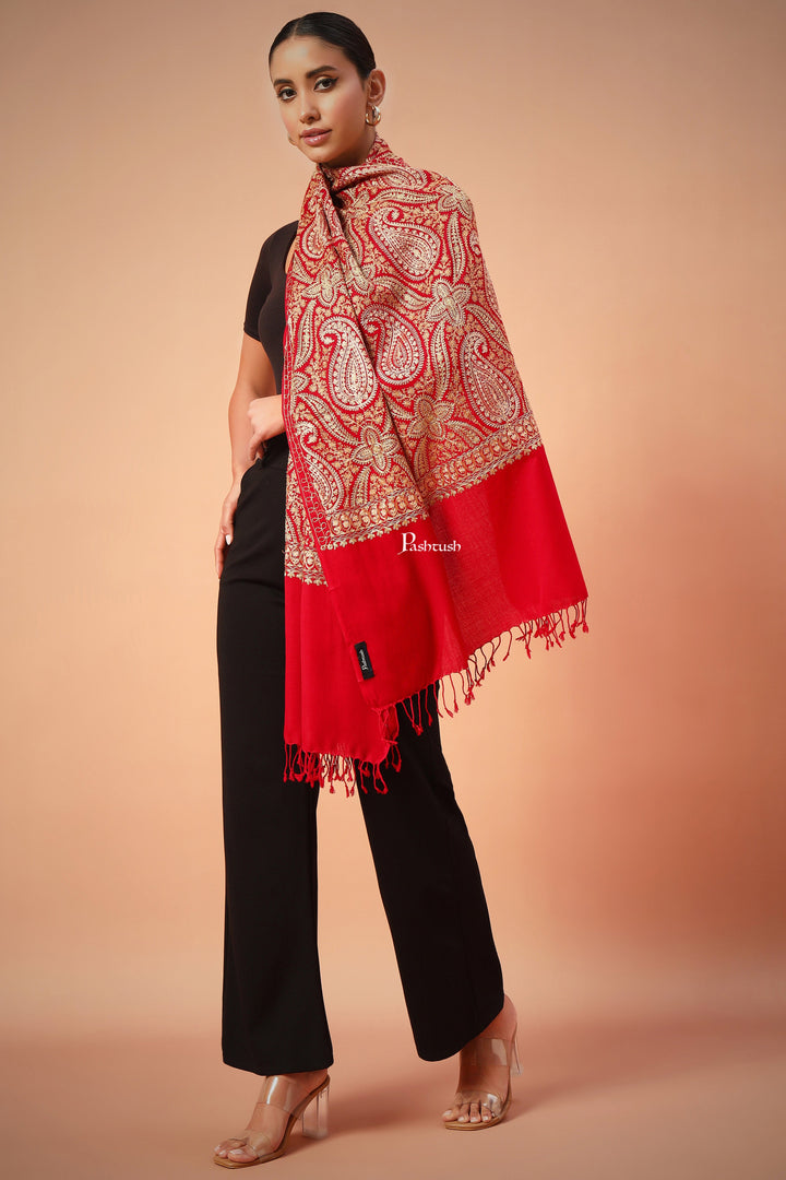 Pashtush India Womens Stoles and Scarves Scarf Pashtush Womens Fine Wool Stole, With Silky Nalki Embroidery, Self Weave, Crimson Red