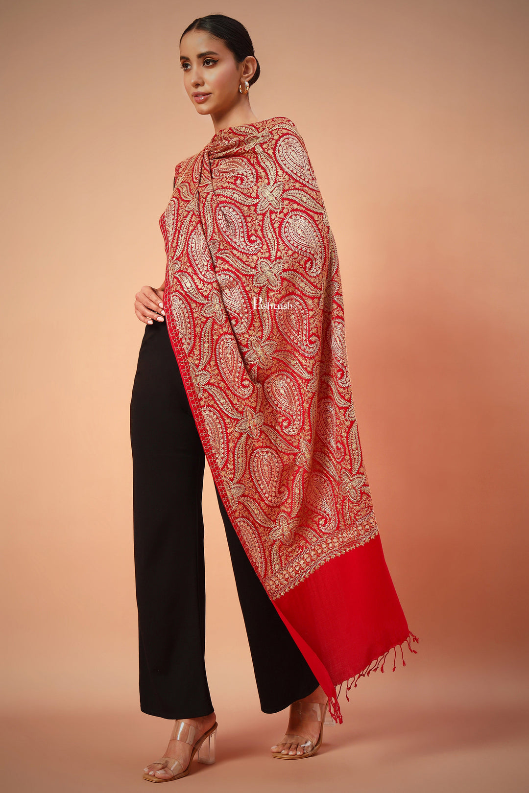 Pashtush India Womens Stoles and Scarves Scarf Pashtush Womens Fine Wool Stole, With Silky Nalki Embroidery, Self Weave, Crimson Red