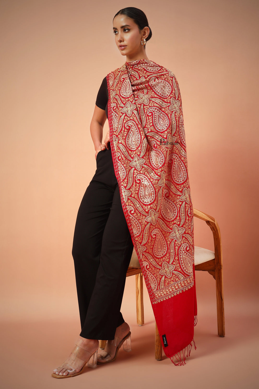 Pashtush India Womens Stoles and Scarves Scarf Pashtush Womens Fine Wool Stole, With Silky Nalki Embroidery, Self Weave, Crimson Red