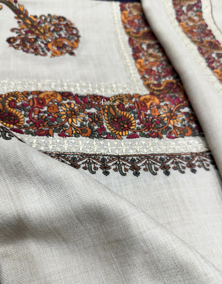Pashtush India Womens Shawls Pashtush Womens Fine Wool Tilla Border Shawl, Challa Daur with Metallic Detailing, Off White